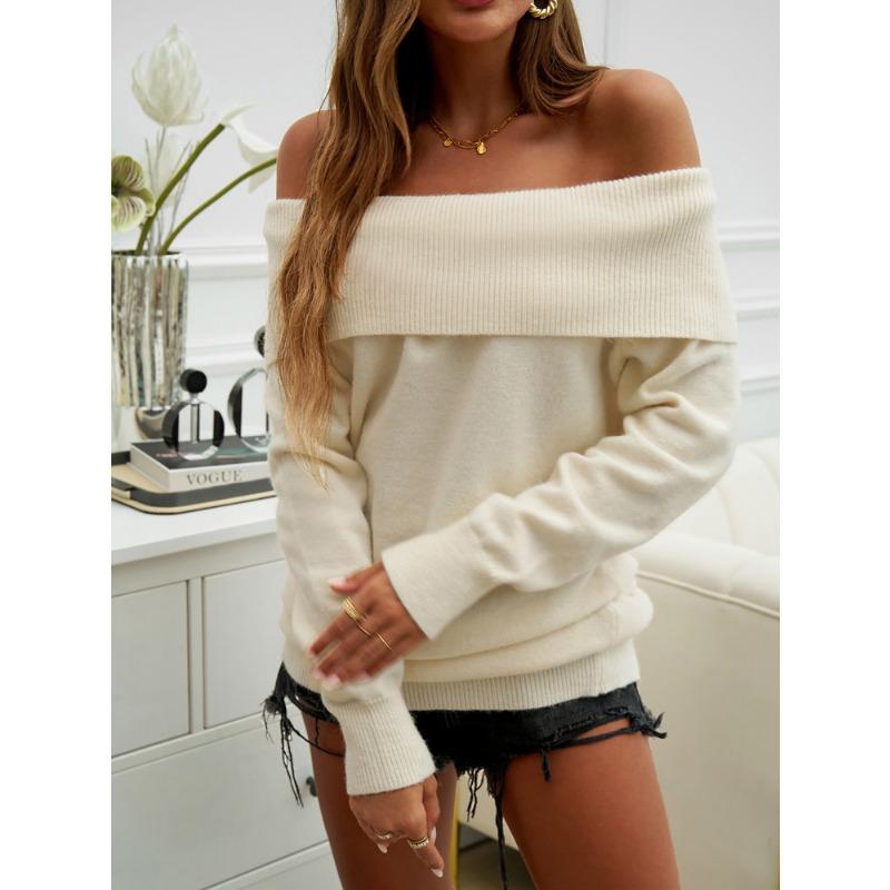 Women Knit Casual Solid Color Pullover One Shoulder Sweater