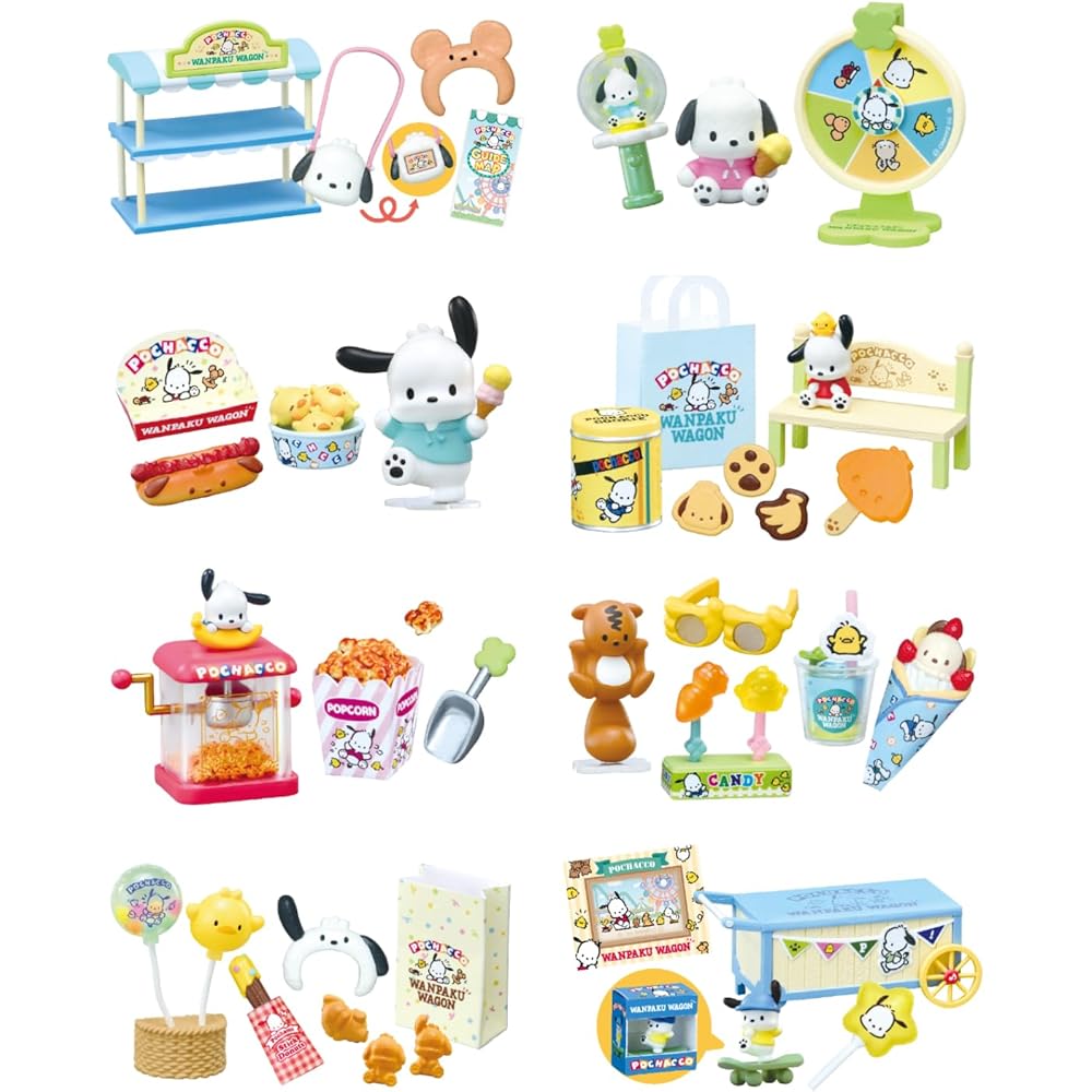 Rement Sanrio Pochacco Amusement Park Wagon Set of 8 PVC ABS Figures H115mm W70mm D50mm