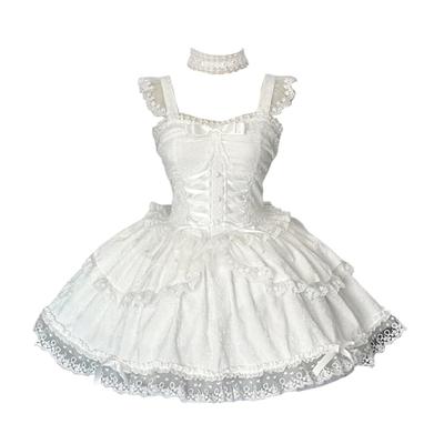 Toku and Yuu Lolita JSK Gothic Lolita Mori Girl Jumper Skirt with Lace Braided Mini Gothic Princess Cute Ribbon Mori Girl School Festival Dress,