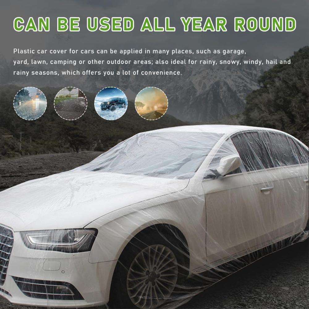 2 PCS Disposable Car Cover, 12.5×19.7 Ft Waterproof Clear Plastic Full Car Cover Protection, Universal Rain Dust Garage Cover with Elastic Band