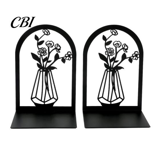 Metal Bookend 1 Pair Flower Bookends, Decorative Vase Book Ends for Shaped Shelves, Black Holder Stopper Home Office Reading Room Desktop
