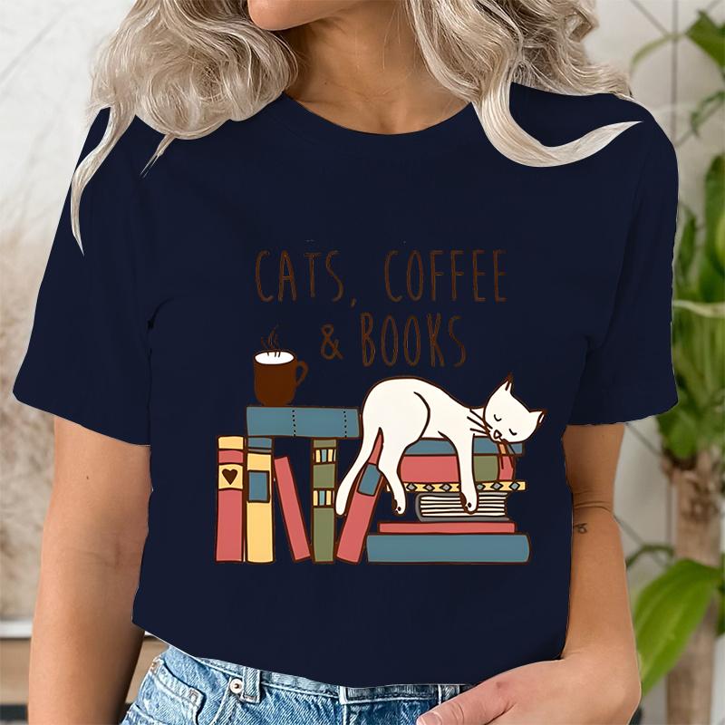 Cats Coffee Books Women Cute Bookworm TShirts Funny Book Lover T Shirt Vintage Reading Graphic Tees Female Bookish Tops Tshirt