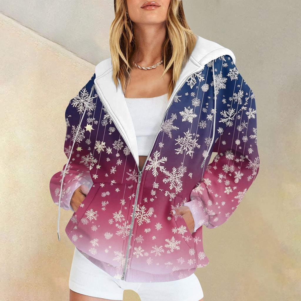 Damenmode Casual Weihnachtsdruck Sweatshirt Herbst Winter Langarm Cardigan Jacke Mit Tasche Reißverschluss Hoodie Jacke