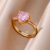 Pink Zircon Heart Rings For Women Gold Plated Stainless Steel Adjustable Heart Ring 2025 Trend Wedding Aesthetic Jewelry Gift