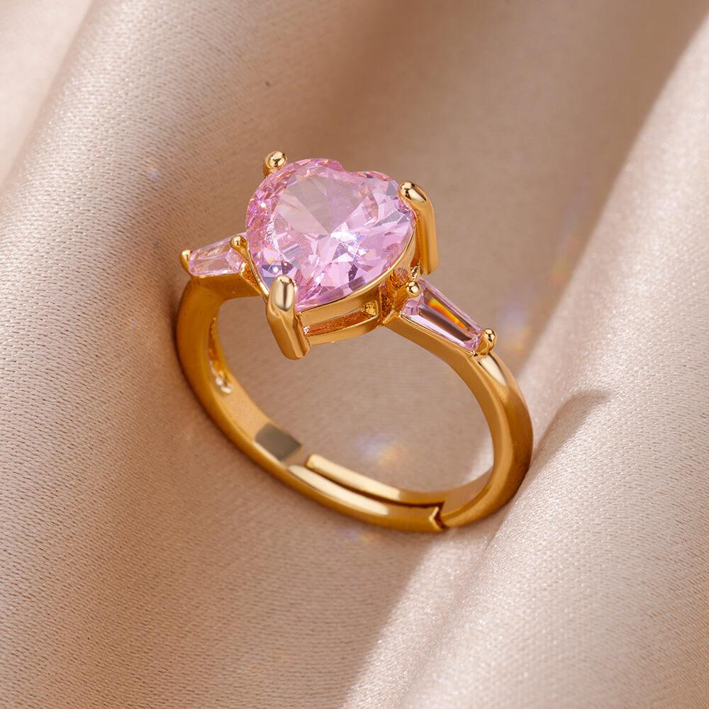 Pink Zircon Heart Rings For Women Gold Plated Stainless Steel Adjustable Heart Ring 2025 Trend Wedding Aesthetic Jewelry Gift