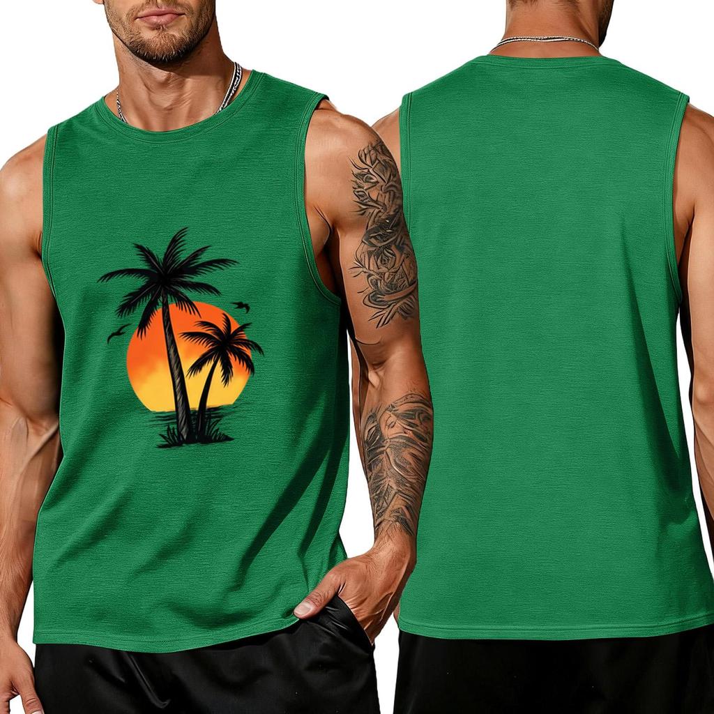 Men Sleeveless Crew Neck Tank Top with Tree and Print Relaxed Fit Casual Shirt for Summer Outdoor Use