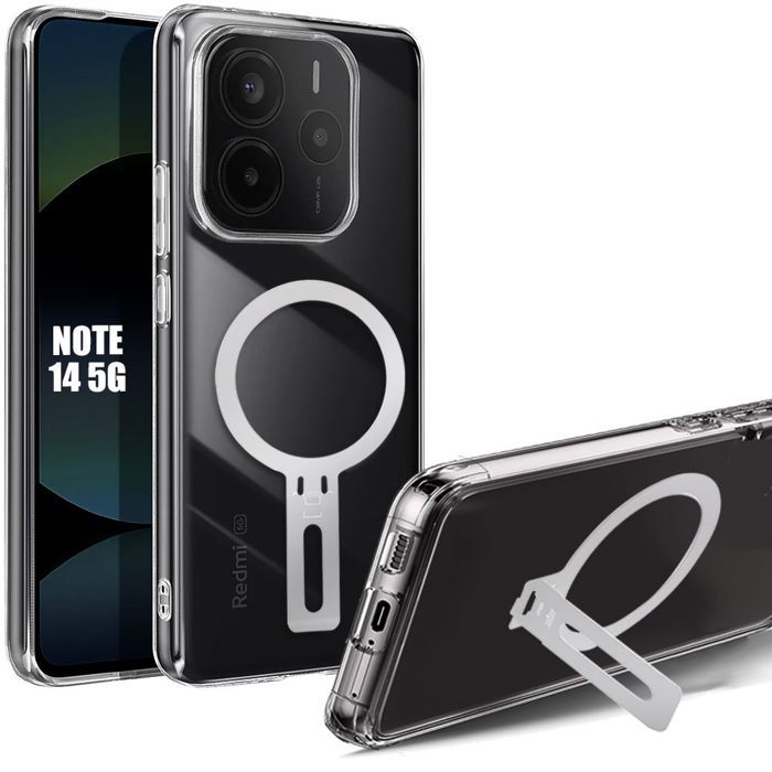 Coque - E.F.CONNECTION - Pour Xiaomi Redmi Note 14 5G - Silicone transparent - Support magnétique - Antichoc