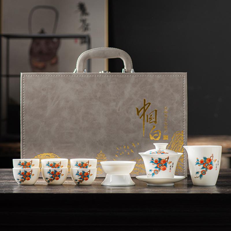 Chinese high-end Dehua suet jade white porcelain tea set Kung Fu teacup office guest cover bowl set