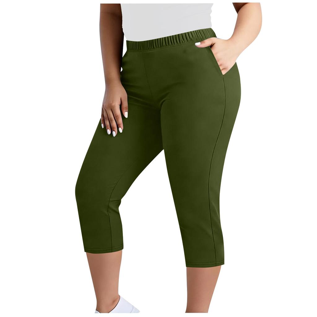 Pantaloni Capri elasticizzati taglie forti da donna con elastico in vita e tasche, pantaloni cropped comodi per l'uso quotidiano