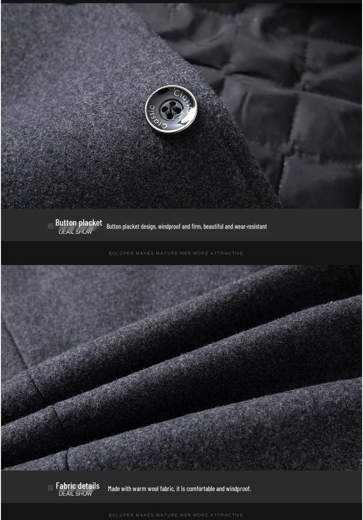 Men's Stand Collar Cotton-Padded Wool Coat – Non-Iron, Fashionable Business Outerwear