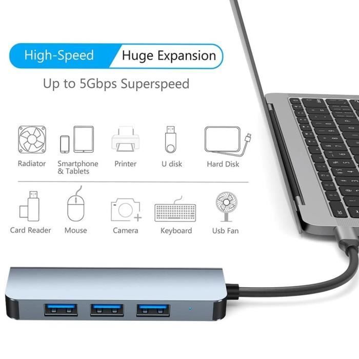 Hub Adaptateur USB-C 4 en 1 - BOOLING - Aluminium - 1 USB 3.0 - 3 USB 2.0 - Compatible HP-Dell-Lenovo-Acer