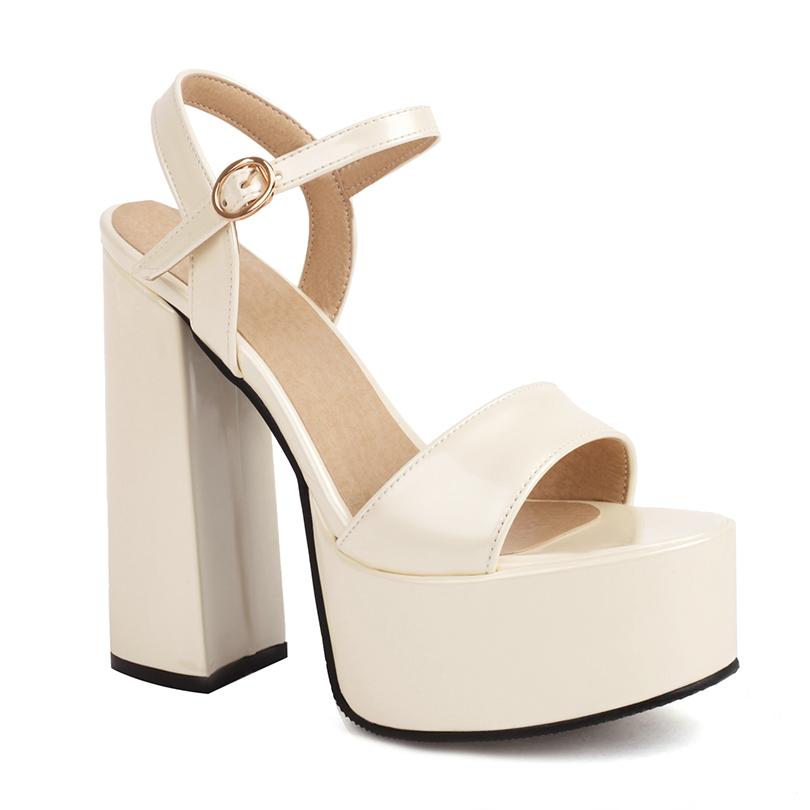 

Блестящая лакированная кожа Яркий цвет Супервысокий толстый каблук Сексуальные туфли на высоком каблуке Босоножки с платформой и открытым носком для женщин для вечеринок 36 белый