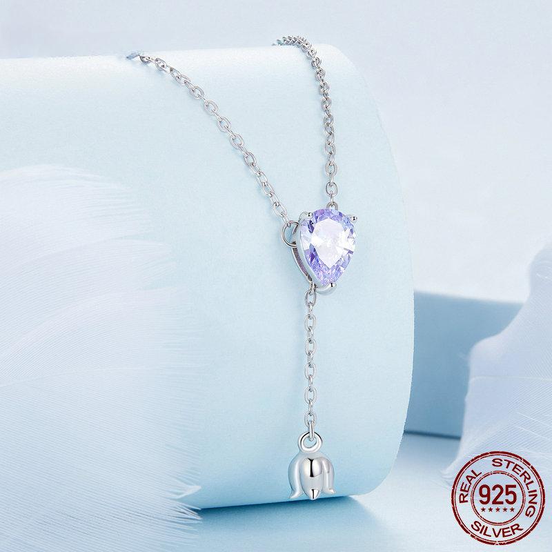S925 Sterling Silver Purple Zircon Lily of the Valley Pendant Necklace Elegent Neck Chain for Women Fine Jewelry