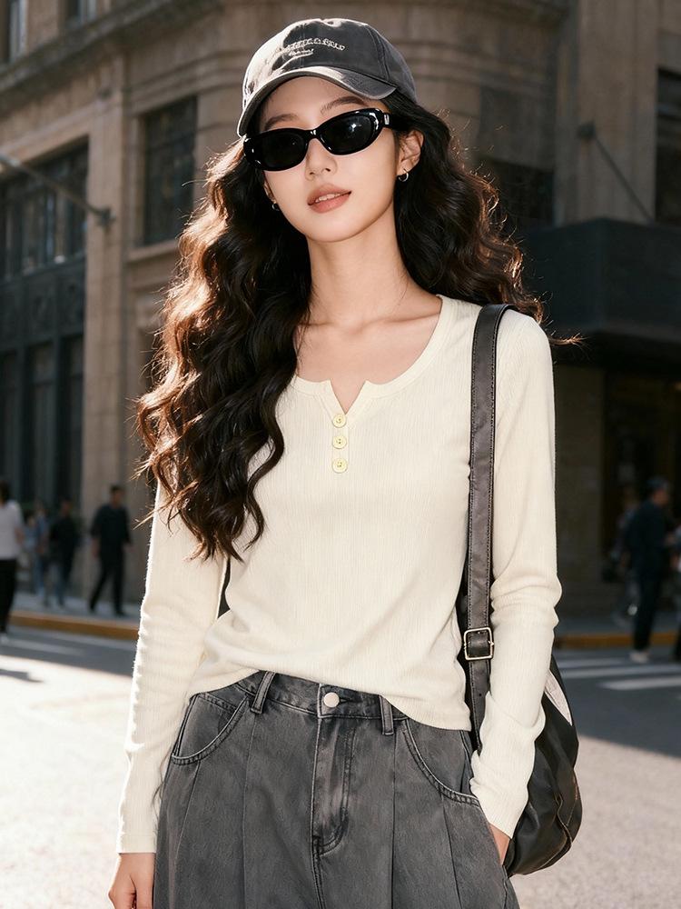 

Women s Slimming Long Sleeve Round Neck T-Shirt - New 2025 Spring/Autumn Versatile Base Shirt Large абрикосовый