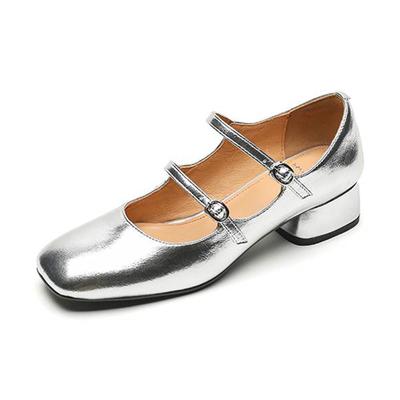 Cow Leather Square Toe Med Heels Summer Shoes Mary Janes Buckle Straps Women Pumps