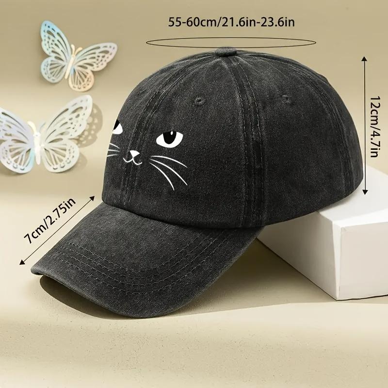 Cute Cat Face Print Washed Baseball Cap Polyester Unisex Casual Outdoor Adult Cap