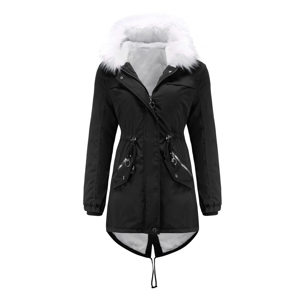 Women's Hooded Plus Velvet Corduroy Coat Ladies Winter Cotton Coat Thickened Mid-length Warm Jacket