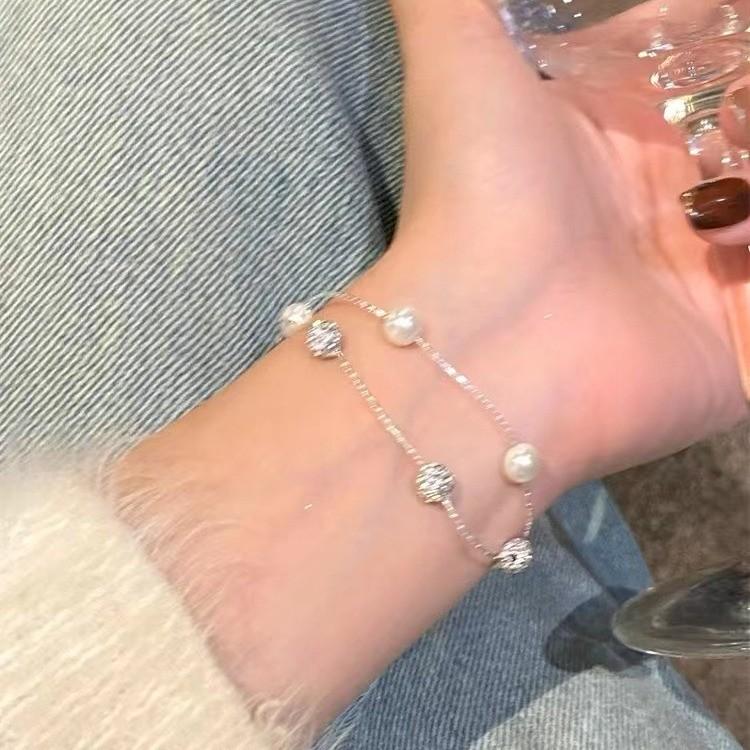Elegant Silver Doublelayered Pearl Bracelet Chic Minimalist Titanium Steel Jewelry Women For