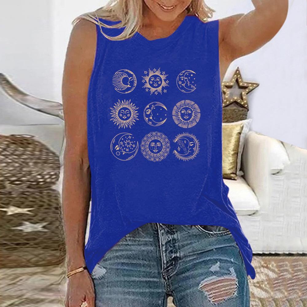 Printed women's sleeveless summer loose T-shirt round neck casual top