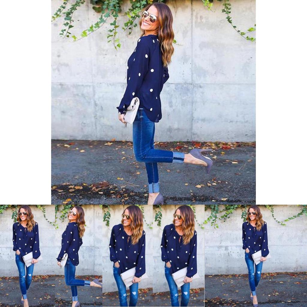 Premium Quality Woman O Neck Long Sleeve Casual Polka Dot Blue Blouse For Everyday Comfort