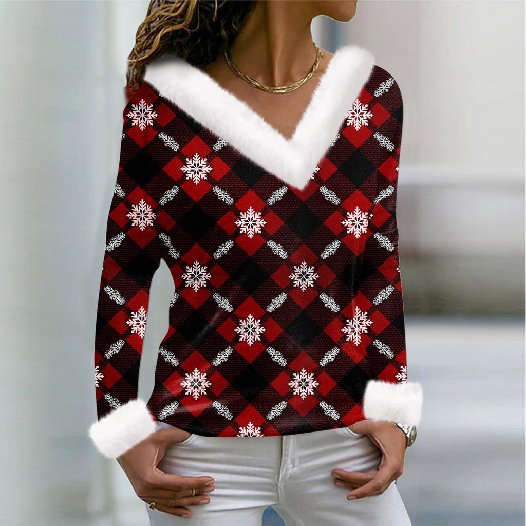 Tricou de damă Tricou Cămașă de Crăciun Cu mânecă lungă Petrecere cu imprimeu de Crăciun Top cu decolteu în V