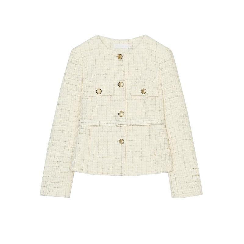 Spring New Women's Wear with Shoulder Pad Round Neck Long Sleeve Lace Belt Texture Blazer Outerwear 2409113