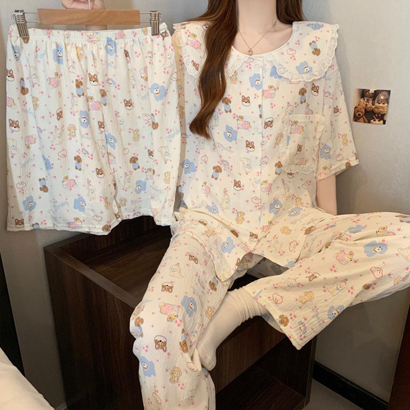 Cartoon Wind Doll Collar Lace Sweet Cloud Cotton Pajamas Women'S Summer Short-Sleeved Three-Piece Set