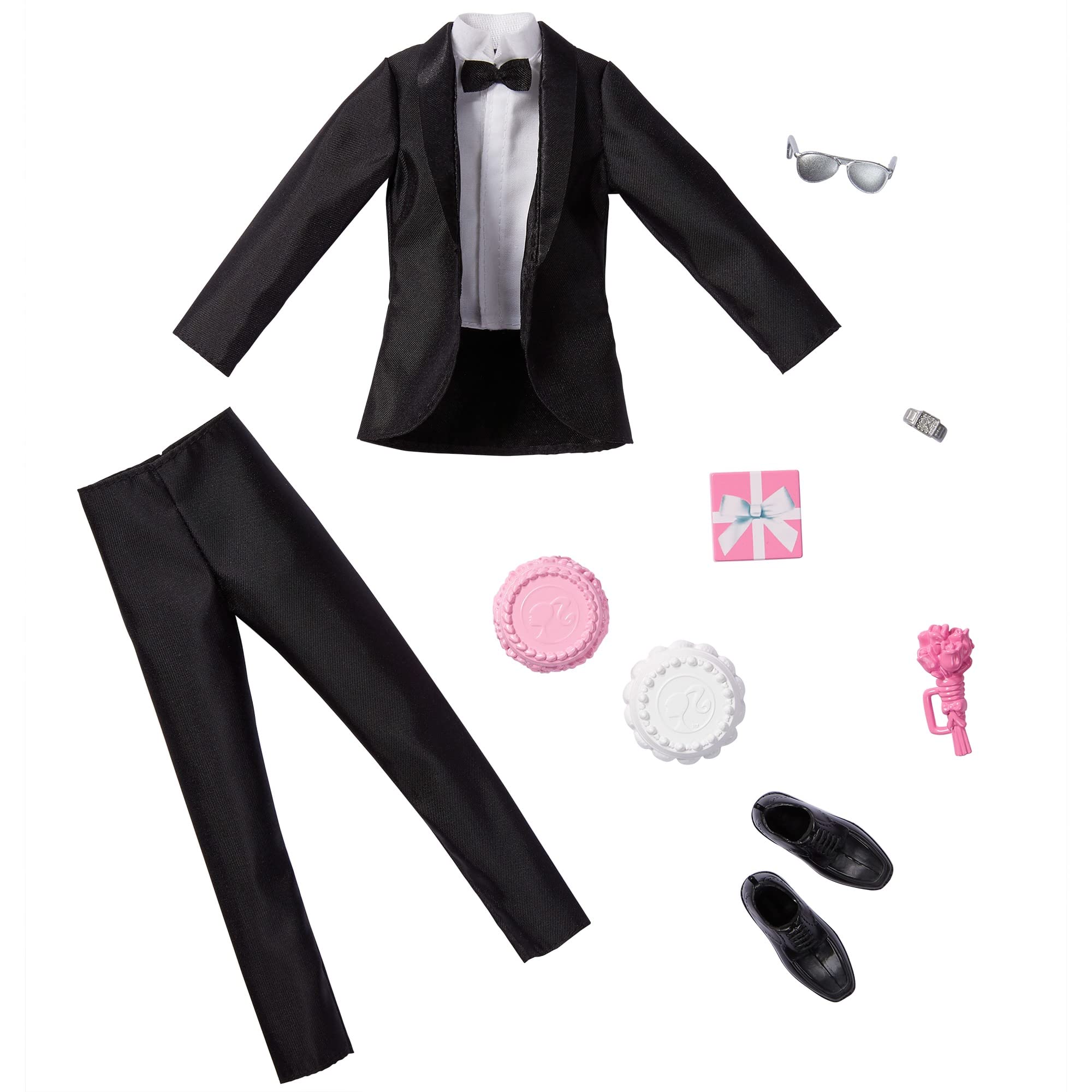 

Mattel Barbie Кен Модный Наряд для Ухода за Кеном с Свадебным Тортом на Подносе Букетом - 2 шт., Смокинг, Туфли, Часы, Подарок, и