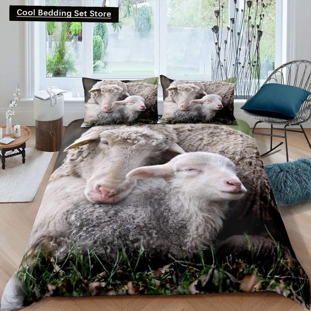 Bauernhof Tiere König Königin Bettbezug Cartoon Bauernhaus Kuh Schwein Ente Bettwäsche Set für Jungen Mädchen Schaf Grün Polyester Bettdeckenbezug