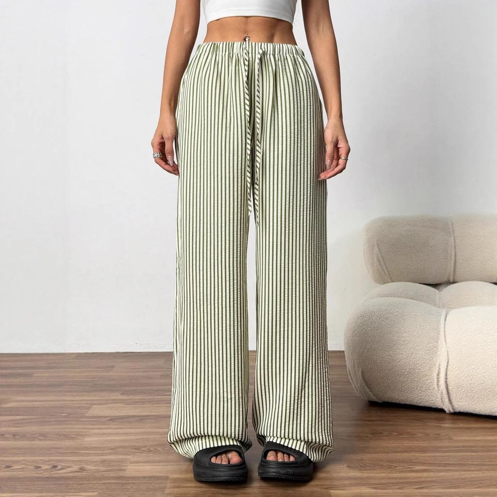 Women's Drawstring Waist Striped Wide Leg Pants Casual Loose Straight Leg Trousers