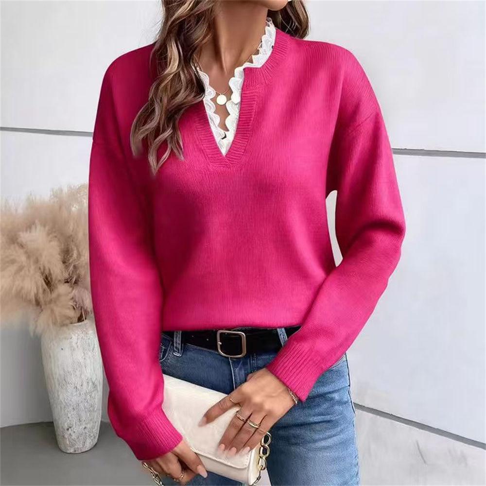 Women's Autumn & Winter Lace Trim V-Neck Sweater, Solid Color Loose Long Sleeve Knit Top S-XL