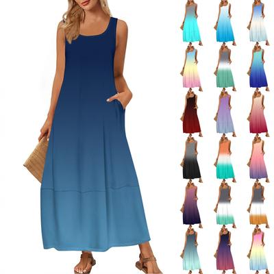 Lässiges bodenlanges Sommerkleid für Damen, Sommer-Strandkleid, Rundhalsausschnitt, ärmellos, lockerer Farbverlaufsdruck