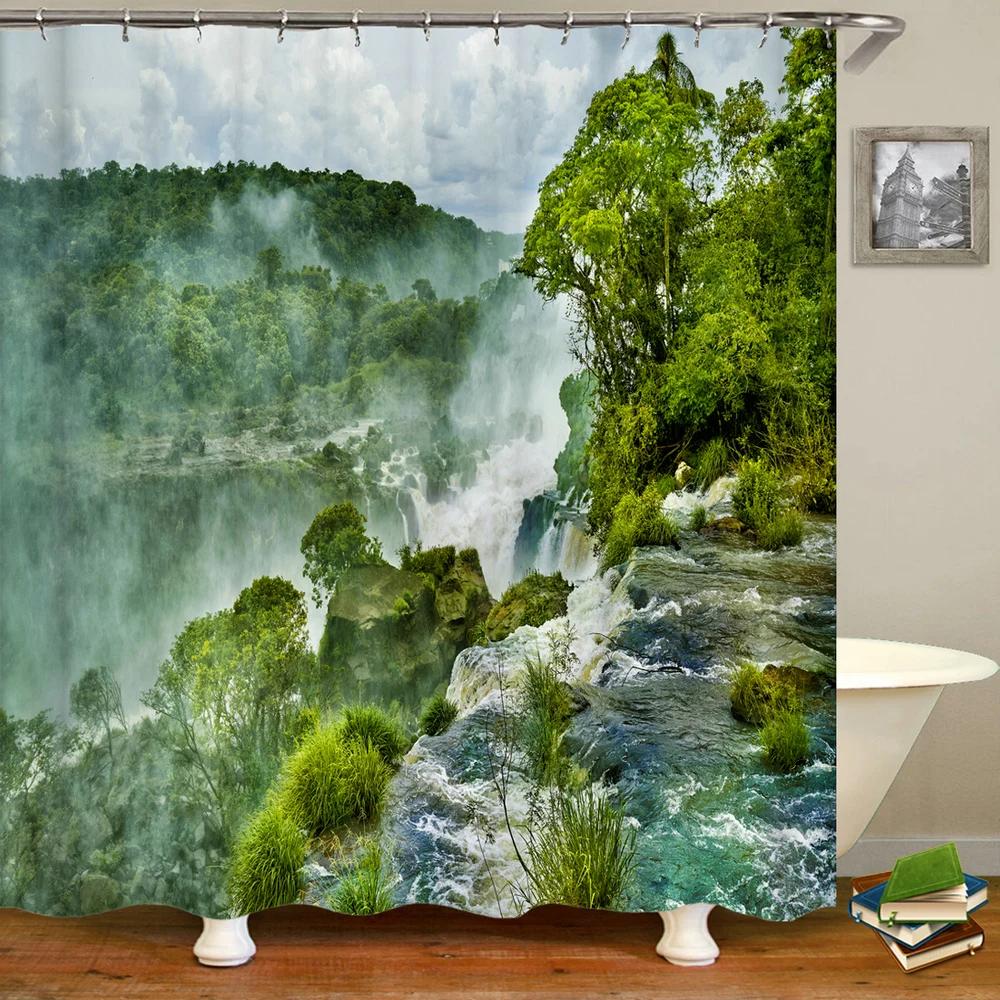 Wald Naturszenerie Duschvorhang Grüne Pflanze Baum Landschaft 3D Druck Zimmer Badezimmer Vorhänge Wasserdichtes Polyester Heimdekor