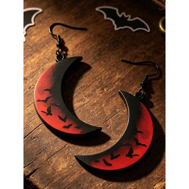 1 Pair Halloween Black & Red Gradient Moon Acrylic Earrings, Bat Crescent Moon Dark Gothic Style Personalized Earrings