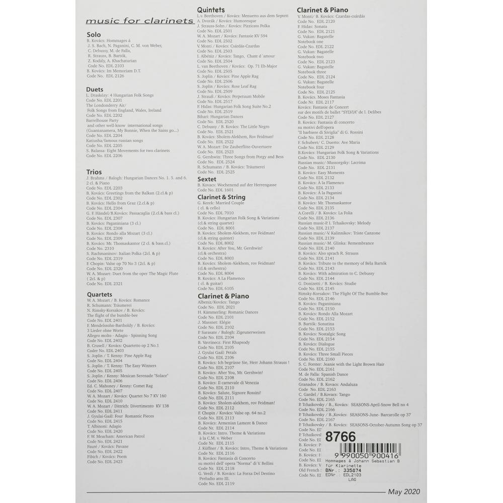Wittner Bela Kovace: Homage to Bach, Paganini, Weber, Debussy, Falla, R. Strauss, Bartok, Kodály, Khachatryan (clarinet solo) Darroch Publishing
