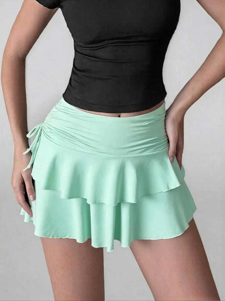 Women Skirts Solid Color Drawstring Design Skirt High WaistedWrapped Hip Short Skirt Mini Skirt