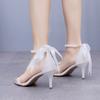 7 Cm White Beaded Streamer Sandals Thin Heel Fish Mouth Open Toe Mid-high Heel Sandals for Women with Shallow Mouth One-strip Women's Shoes