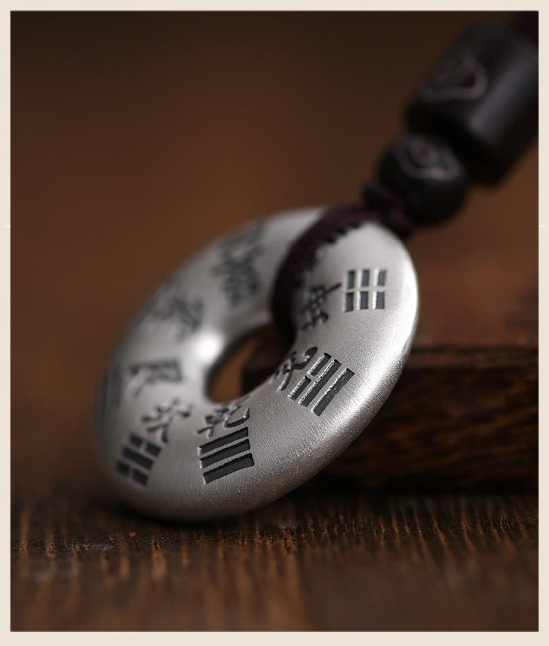 Sterling Silver Bagua Pendant Necklace with Woven Rope - Chinese Style Unisex Design