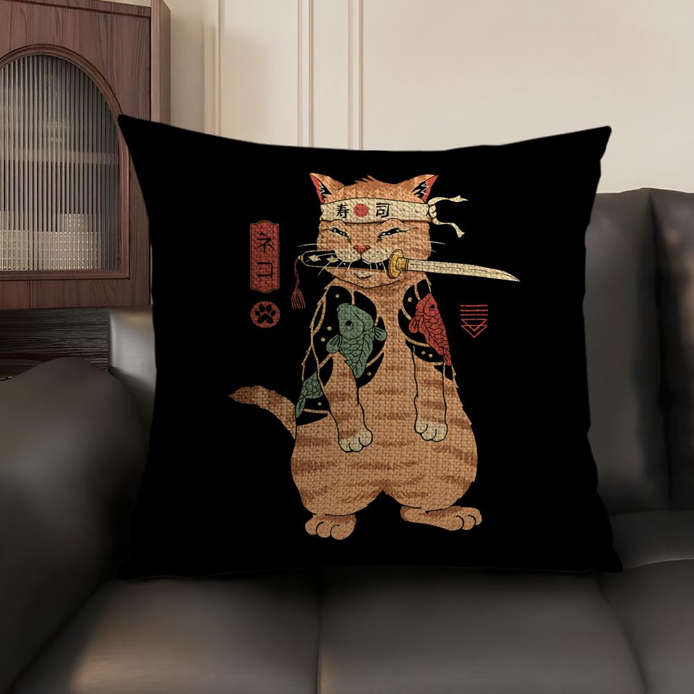 Japanese Style Samurai Cat Cushion Cover Natural Linen Organic Fabric DoubleSided Printing Sofa Home Decor Gift Pillow Case