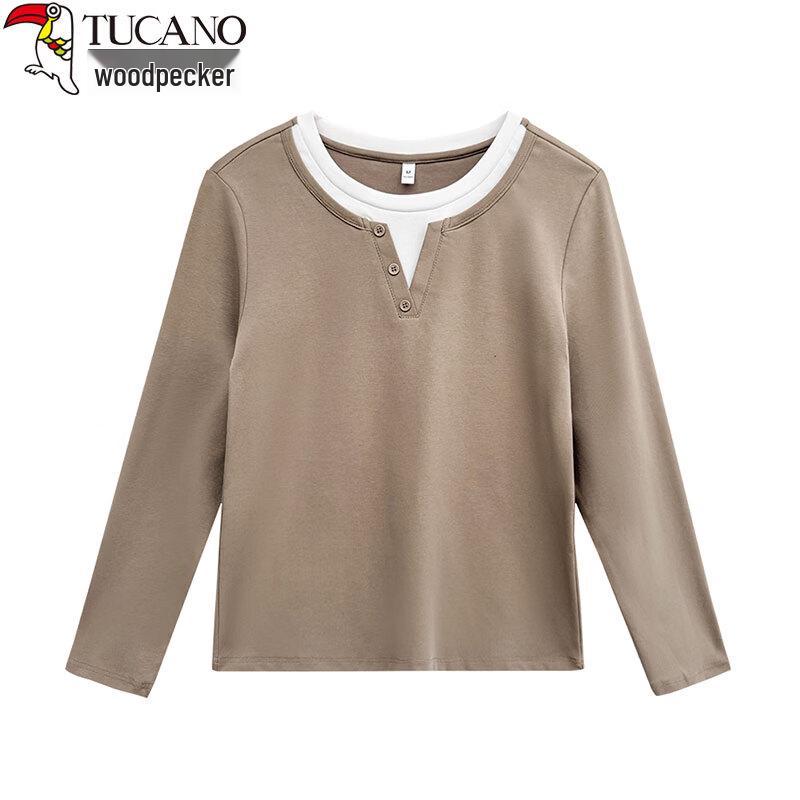Woodpecker Women's Faux Two-Piece Henley Neck Long Sleeve T-Shirt