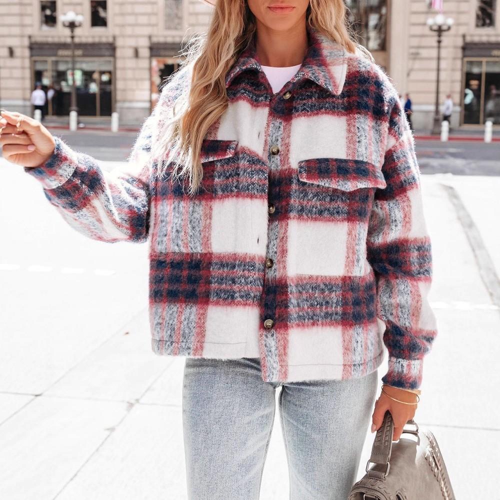 New Autumn and Winter Women's Checked Short Woolen Thick Coat