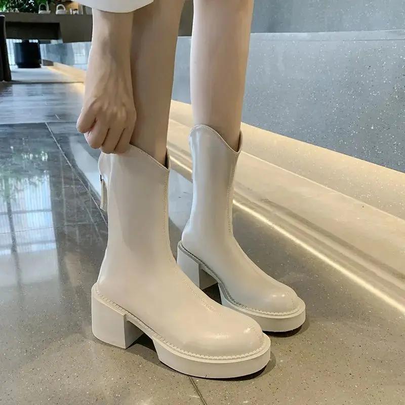 

Fashion Ladies Mid Calf Shoes Elastic Autumn Trend 2024 on Promotion Gyaru New In Women s Half High Boots Demi-season Boot Offer Pu Work 40
