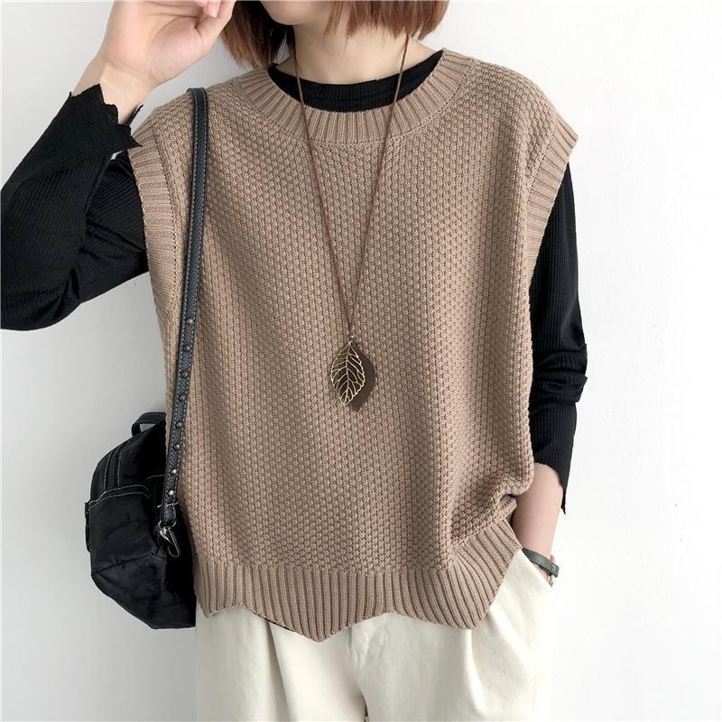 Knitted Vest Women's Spring and Autumn Solid Color Loose Round Neck Pullover Irregularly Stacked Vest Vest
