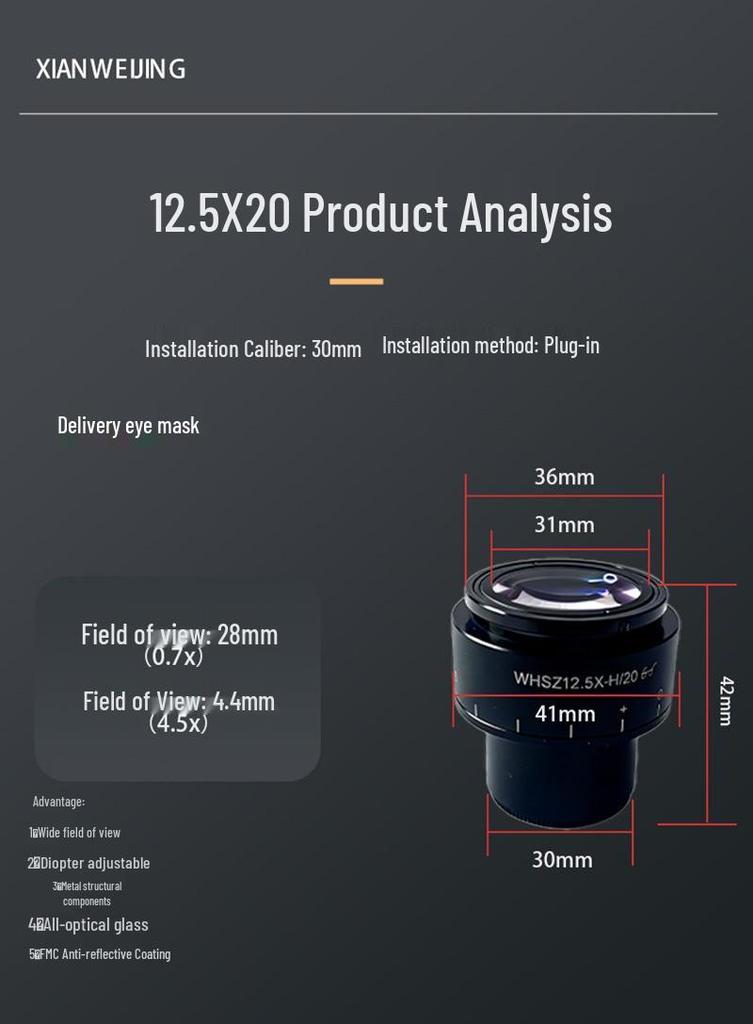 Wide-Angle High-Eyepoint 10x Microscope Eyepiece with 12.5x Interface - 30mm Field View