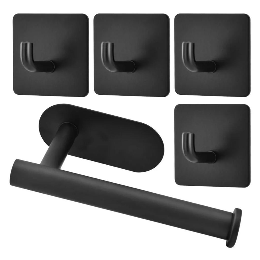 5Pcs Black Stainless Steel Toilet Paper Towel Holder No Punching Wall Mounted Adhesive Hook Paper Roll Rack