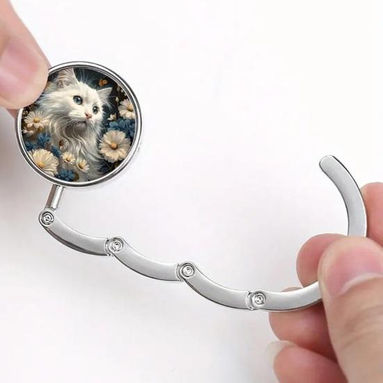 Portable Desk Edge Hook Foldable Purse Hook Cute Cat Pattern Alloy Bag Hook Table Edge Bag Holder for Travel Work Parties Office Desk