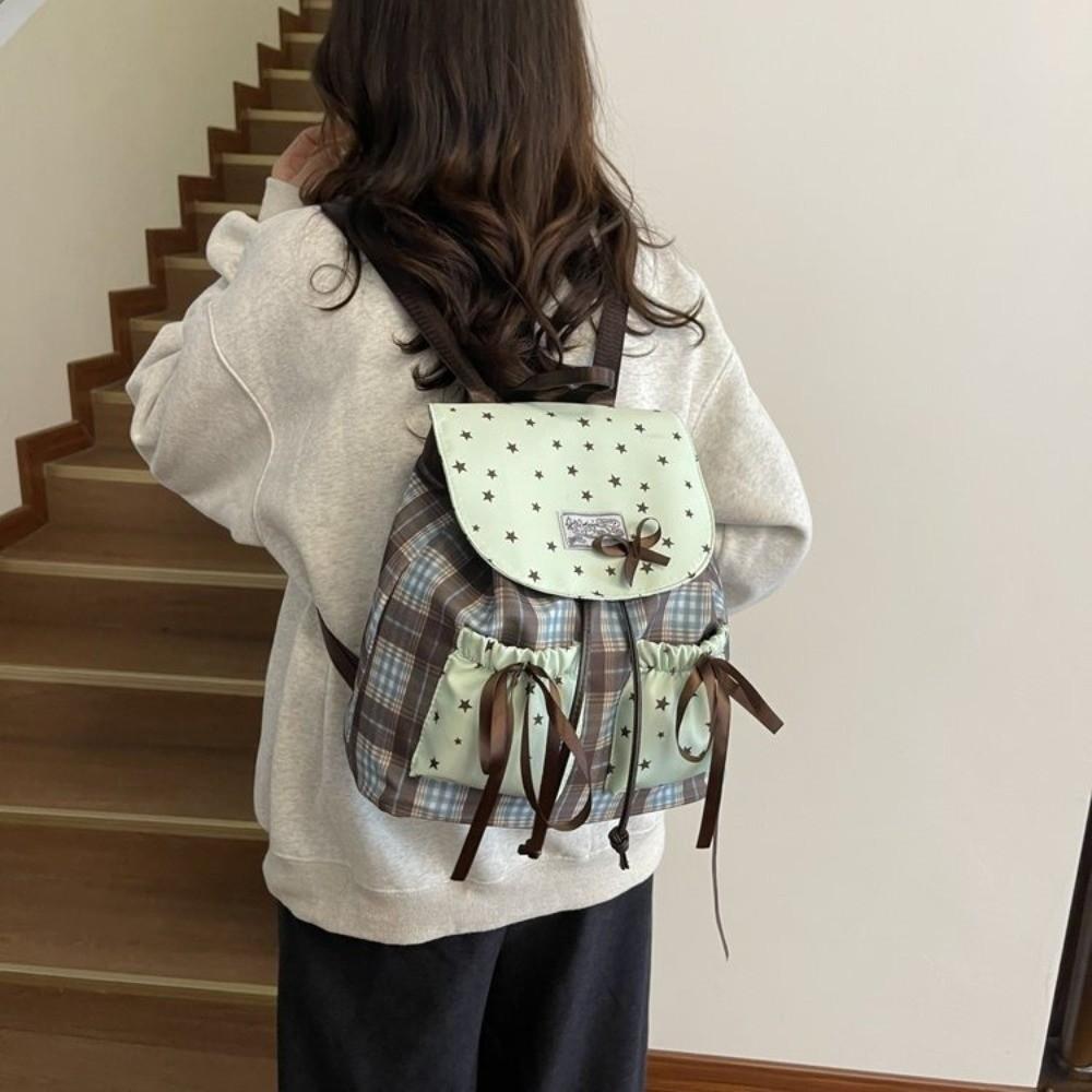 Sweet Bow Double Shoulder Bag Plaid Pattern Contrast Color Student Schoolbags Grid Pattern Star Print Mint Green Small Backpack