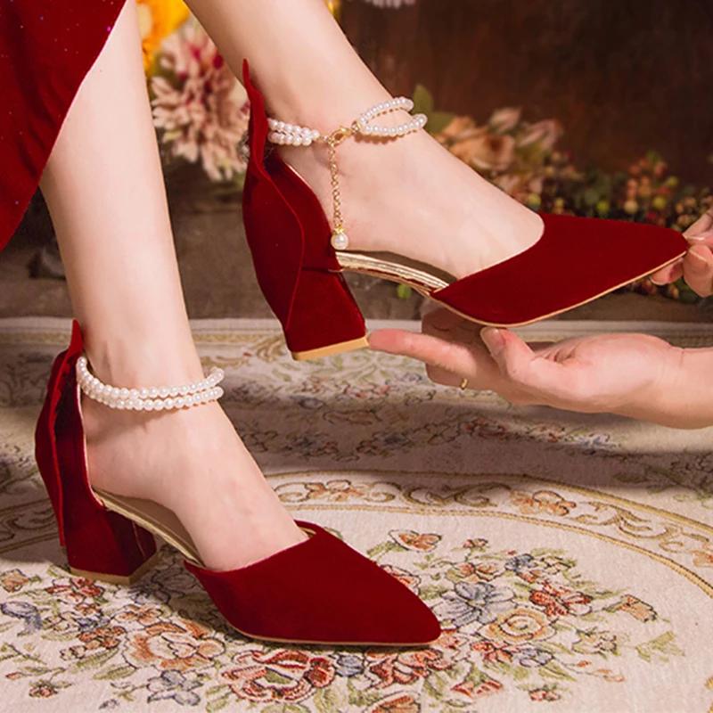Jolis Escarpins à Talons Épais pour Femmes avec Grand Nœud Papillon Tendance Daim Rouge Perles Boucle Talons Hauts Chaussures pour Robe de Mariée pour Dames Femmes 34-40