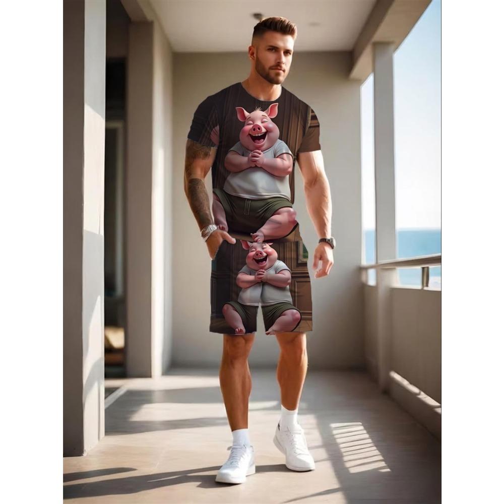 

Men s Casual Summer Set Consisting Of Short-Sleeved T-shirt And Shorts, Featuring Whimsical Cartoon Pig 3D Print XS