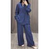 Fashionable and Comfortable Cotton and Linen Long-sleeved Half-open Placket Casual Pleated Wide-leg Pants Suit